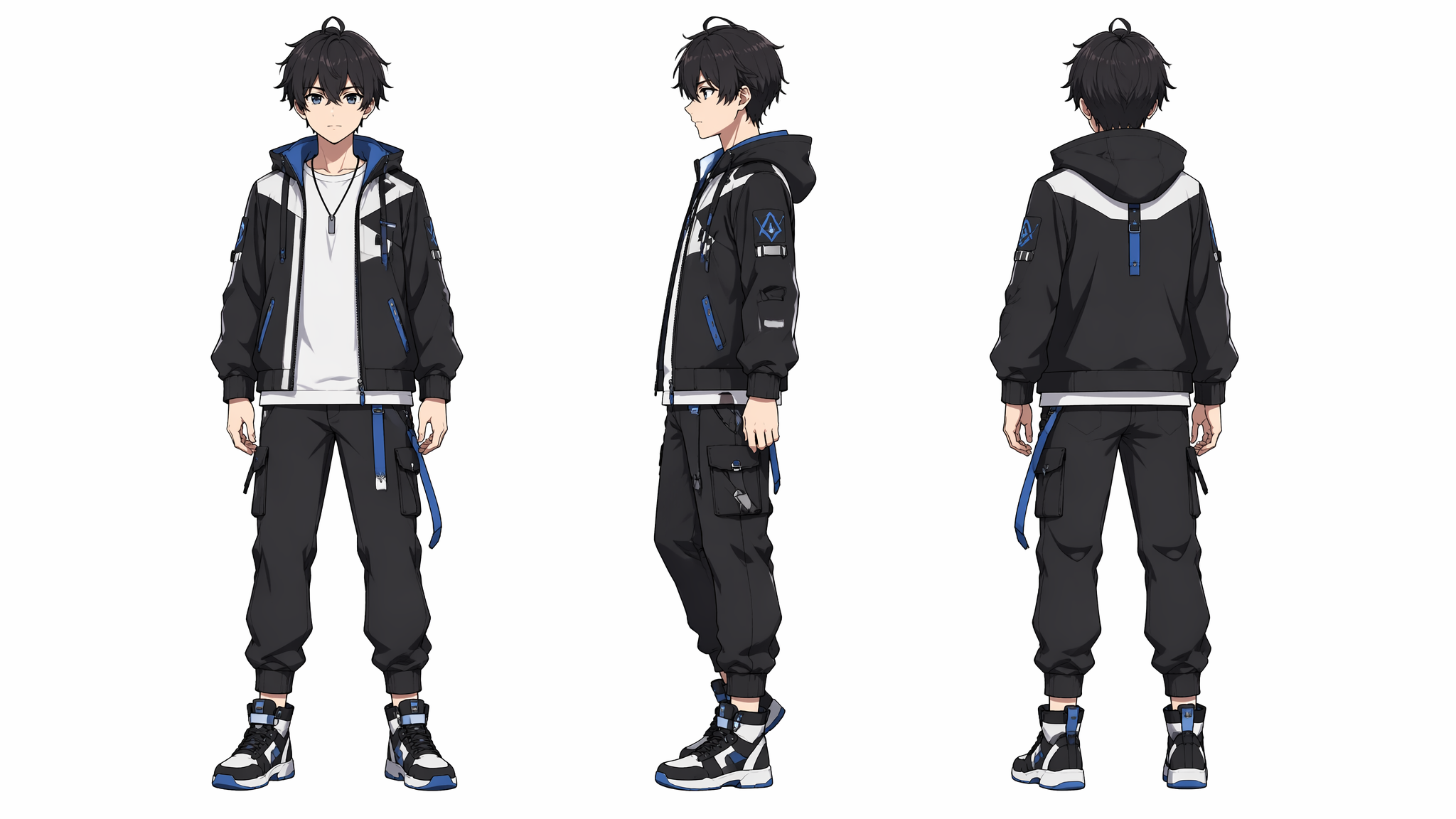 图片提示词 Create a character three-view sheet (front, side, back views) for ...