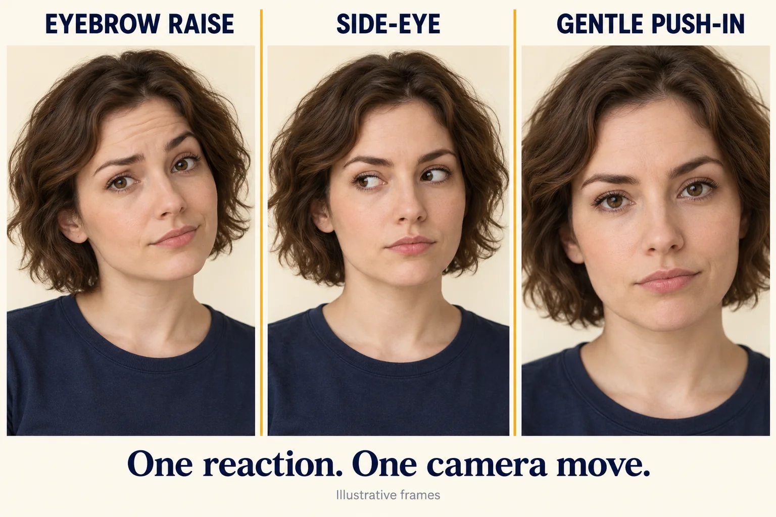 Reaction direction panels comparing an eyebrow raise, a side-eye, and a gentle camera push-in