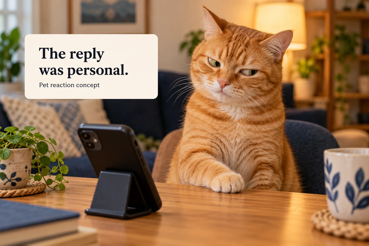Expressive cat beside a phone as a pet reaction concept for the ChatGPT Millionaire meme