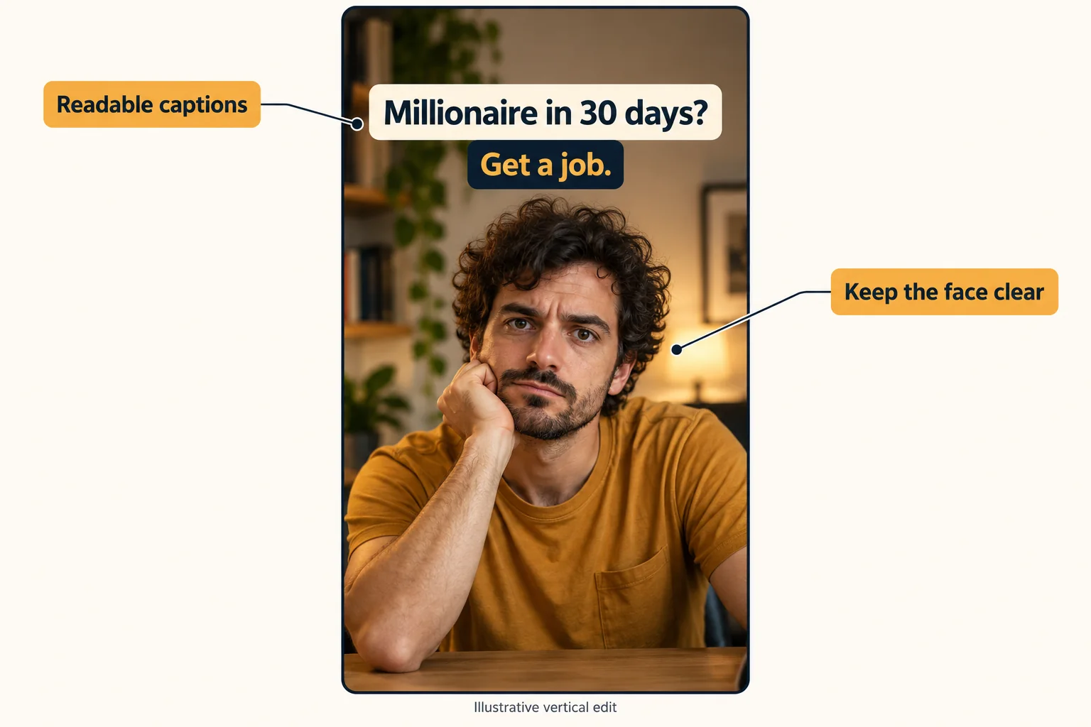 Vertical reaction-video composition with clear caption space and a centered subject