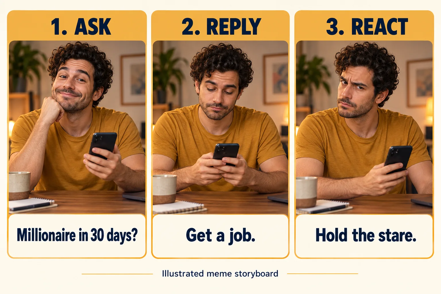 Three-beat ChatGPT Millionaire storyboard showing anticipation, a blunt reply, and a reaction