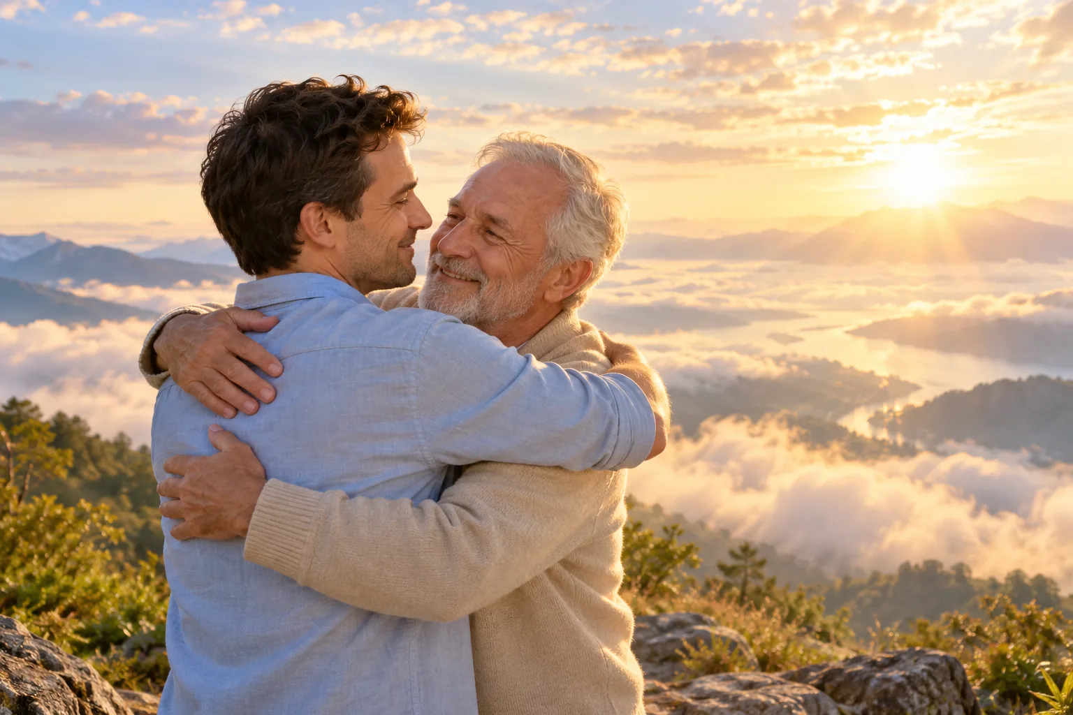 Fictional father and adult son sharing an imagined reunion hug above sunrise clouds