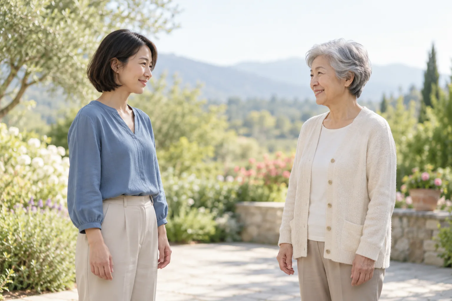 Two fictional adults standing side by side with space around their arms before a memorial embrace