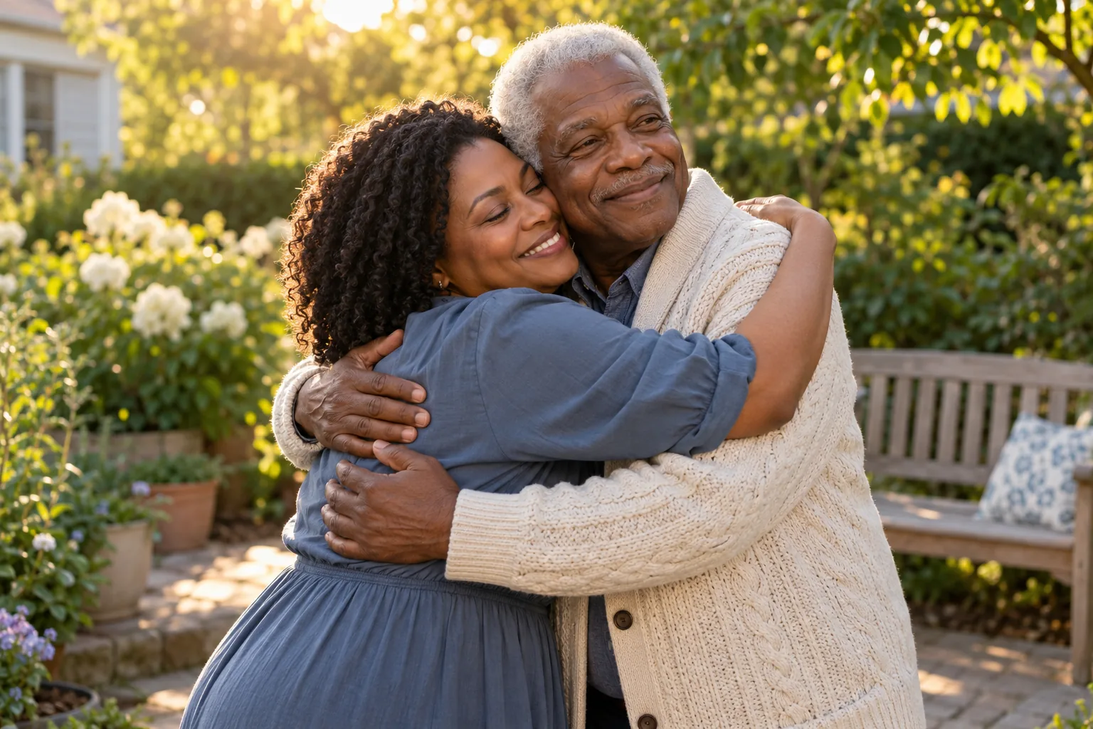 Gentle family embrace in a warm garden as an alternative to a cloud-themed memorial