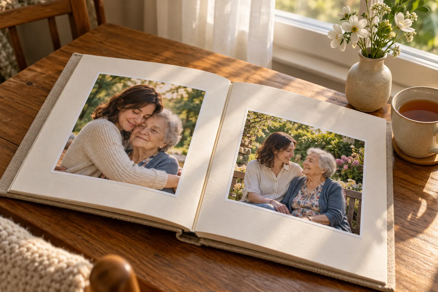 Quiet remembrance scene with family photographs and soft light beside a memorial keepsake