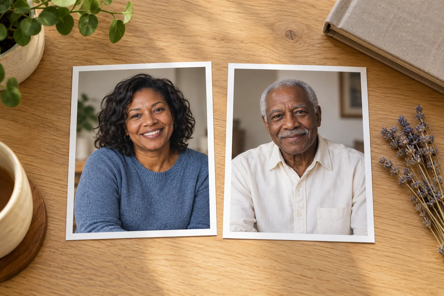 Two clear fictional portrait prints on a desk illustrating photo selection for an AI memorial