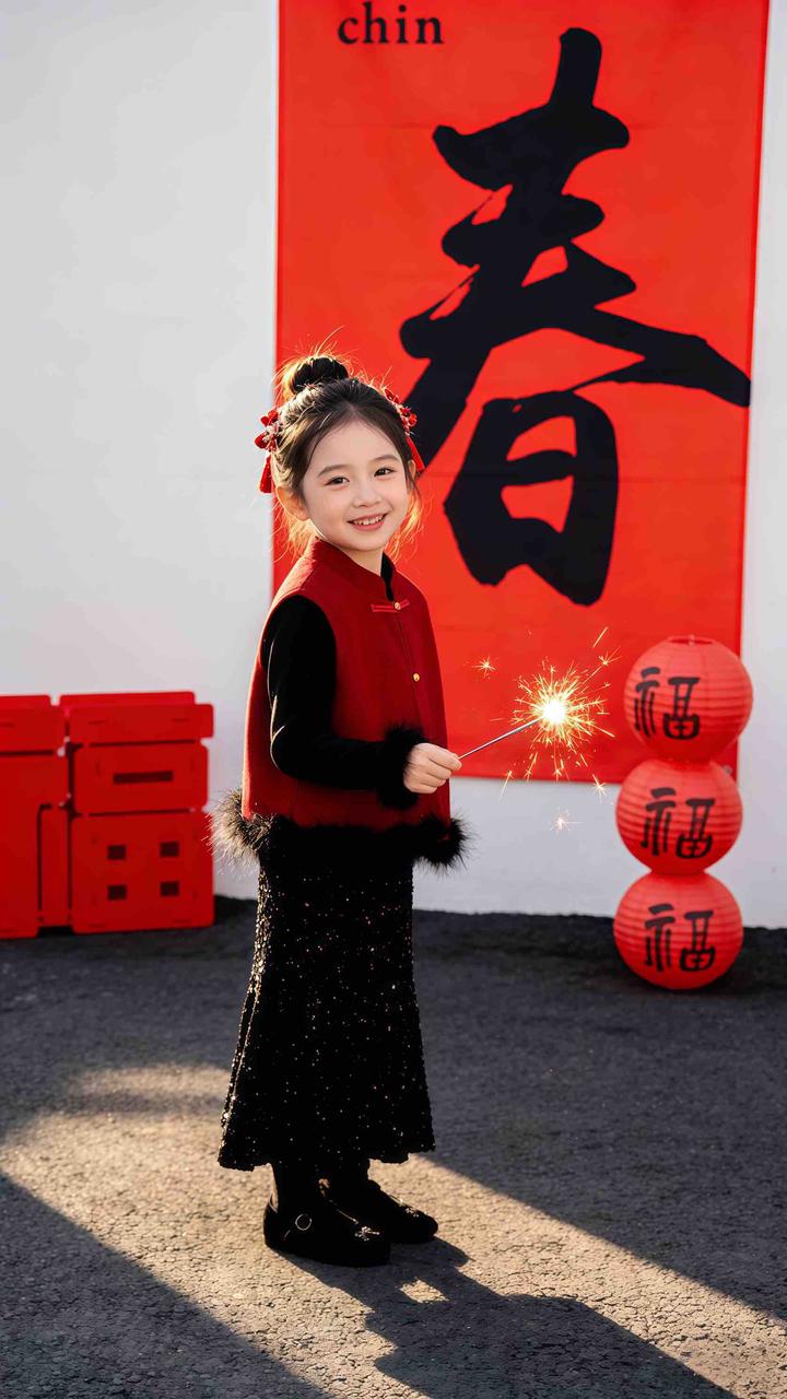 新春童装 AI 童装提示词 2 Qwen Image 프롬프트 예시: 新春童装场景的 AI 童装图片提示词,适合童装店、小红书图文、电商主图和儿童穿搭内容生成 9:16 竖版氛围图。
