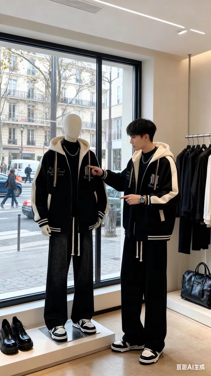 男装街拍 AI 男装提示词 3 Qwen Image 프롬프트 예시 변형 2: 男装街拍场景的 AI 男装图片提示词,适合男装店、小红书图文、电商主图和男士穿搭内容生成 9:16 竖版氛围图。