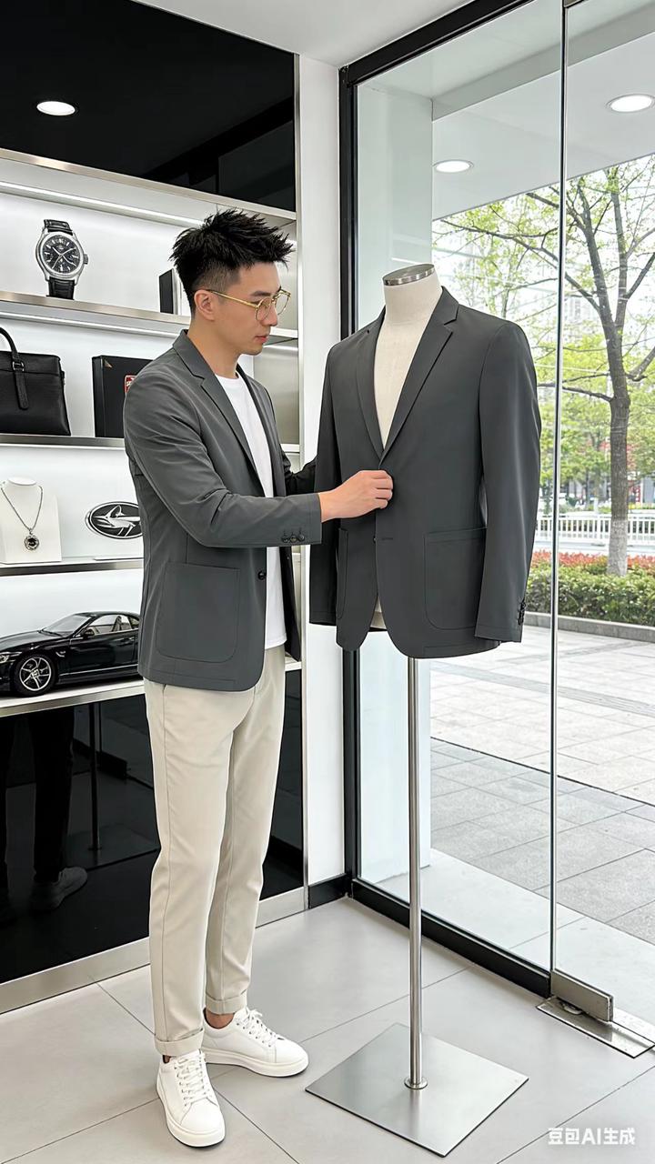 男装店展示 AI 男装提示词 5 Qwen Image prompt example variation 2: 男装店展示场景的 AI 男装图片提示词，适合男装店、小红书图文、电商主图和男士穿搭内容生成 9:16 竖版氛围图。