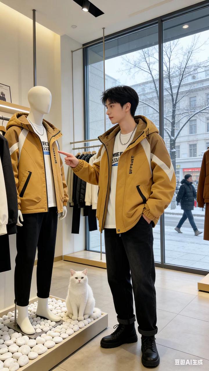 男装静物展示 AI 男装提示词 2 Qwen Image prompt example variation 2: 男装静物展示场景的 AI 男装图片提示词，适合男装店、小红书图文、电商主图和男士穿搭内容生成 9:16 竖版氛围图。