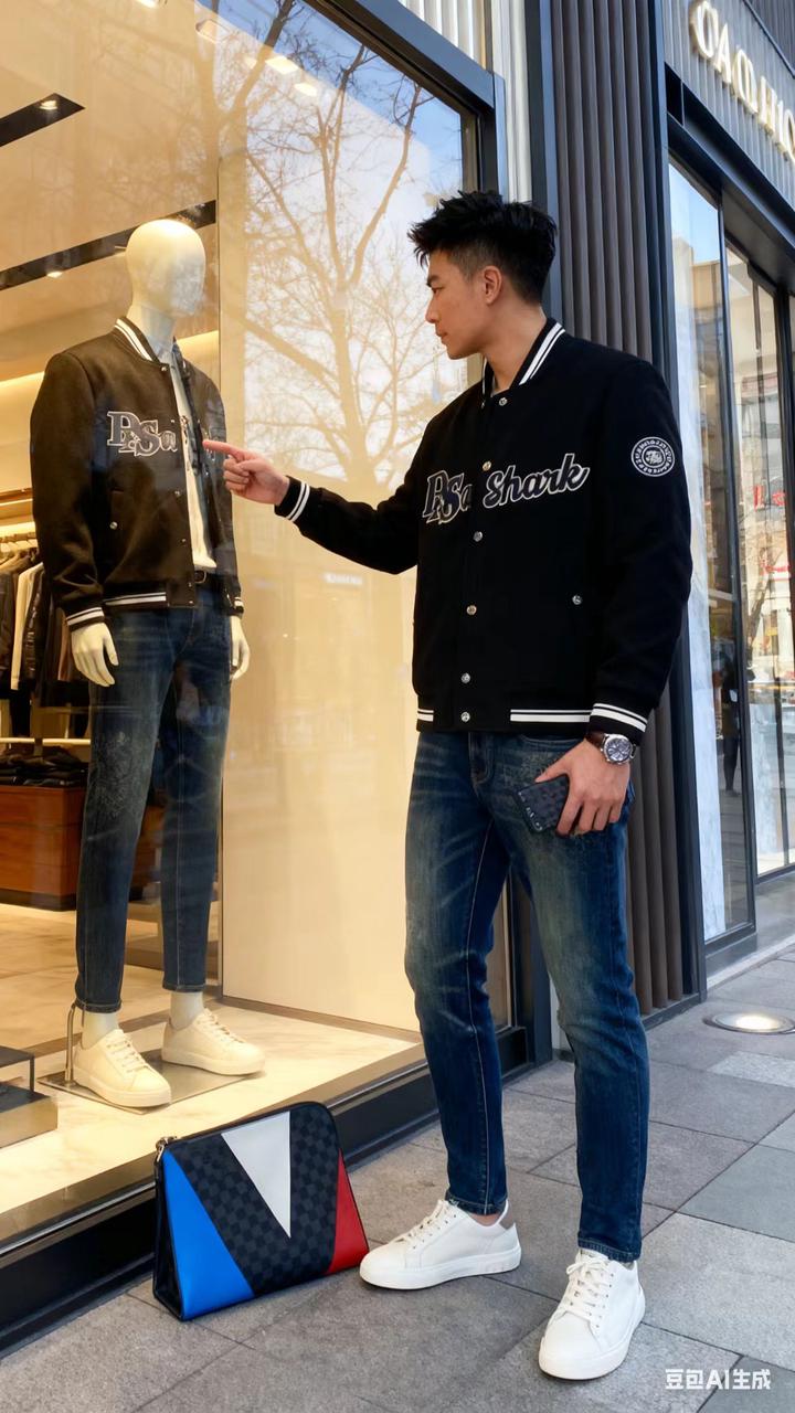 男装店展示 AI 男装提示词 13 Qwen Image prompt example variation 2: 男装店展示场景的 AI 男装图片提示词,适合男装店、小红书图文、电商主图和男士穿搭内容生成 9:16 竖版氛围图。