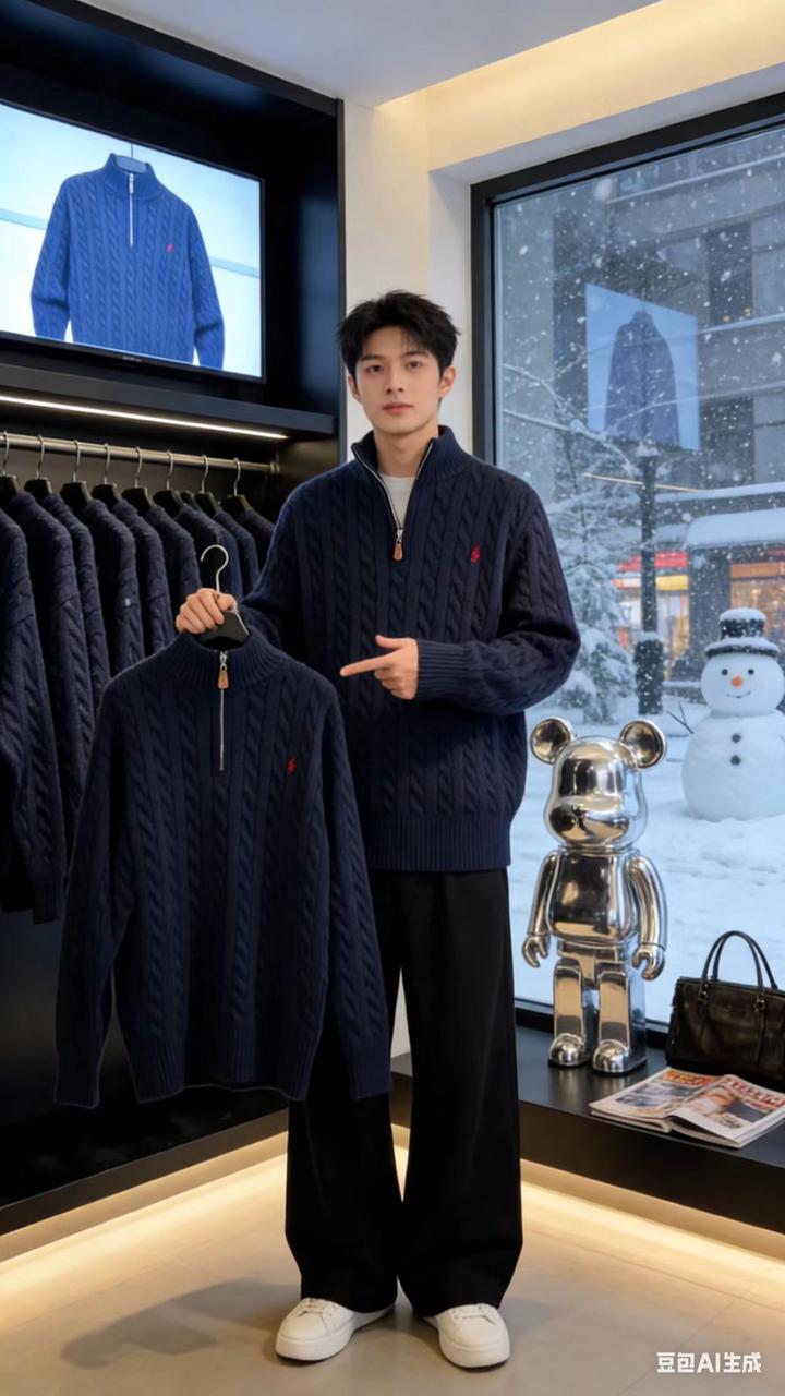 男装店展示 AI 男装提示词 15 Qwen Image prompt example variation 2: 男装店展示场景的 AI 男装图片提示词，适合男装店、小红书图文、电商主图和男士穿搭内容生成 9:16 竖版氛围图。