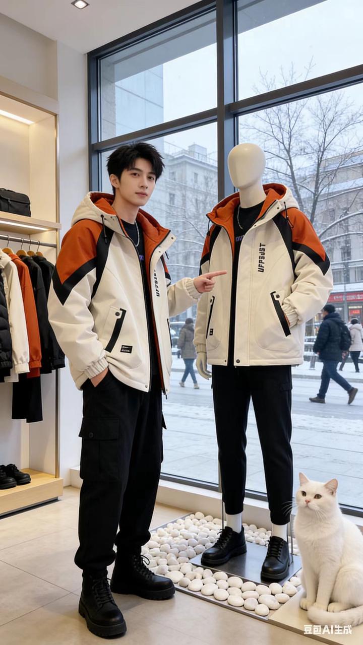 男装静物展示 AI 男装提示词 4 Qwen Image prompt example variation 2: 男装静物展示场景的 AI 男装图片提示词，适合男装店、小红书图文、电商主图和男士穿搭内容生成 9:16 竖版氛围图。