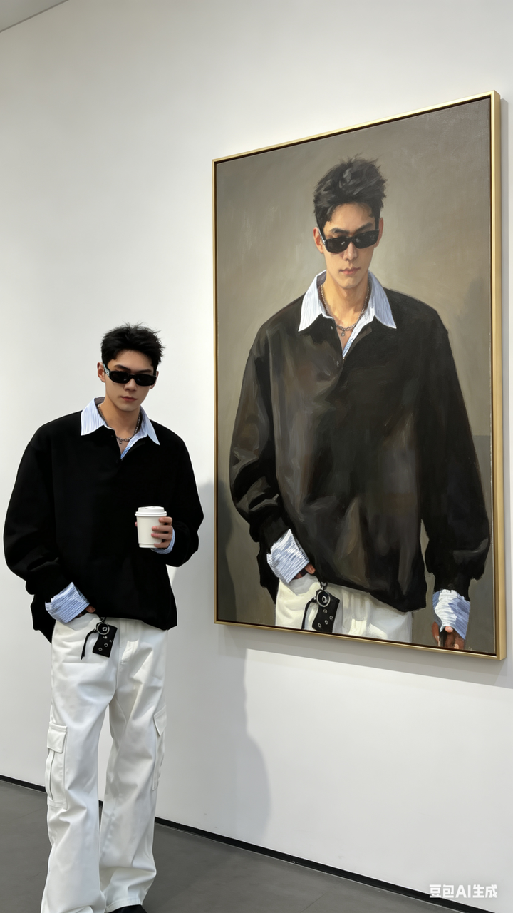 男装写真 AI 男装提示词 18 Qwen Image prompt example variation 2: 男装写真场景的 AI 男装图片提示词，适合男装店、小红书图文、电商主图和男士穿搭内容生成 9:16 竖版氛围图。