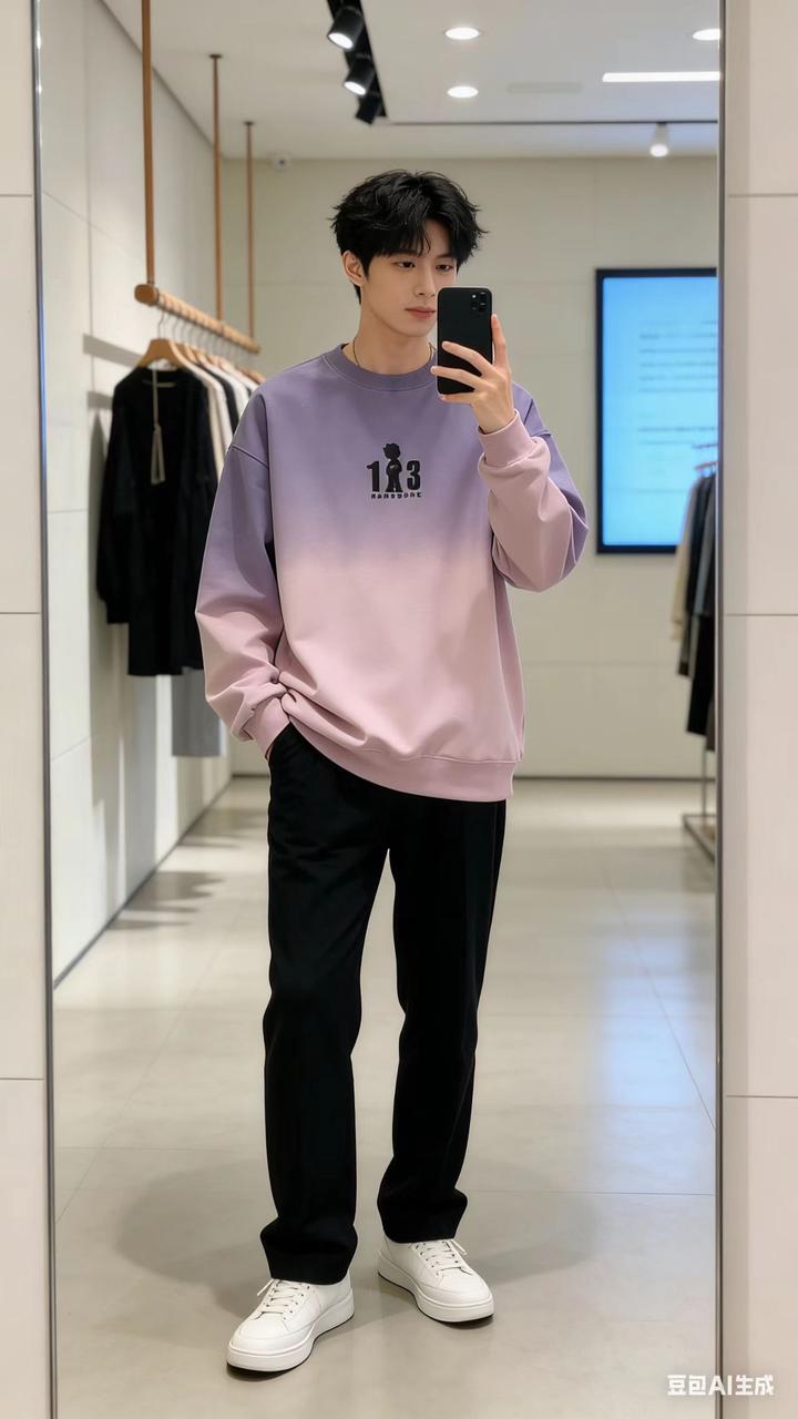 男装对镜自拍 AI 男装提示词 37 Qwen Image prompt example variation 2: 男装对镜自拍场景的 AI 男装图片提示词，适合男装店、小红书图文、电商主图和男士穿搭内容生成 9:16 竖版氛围图。