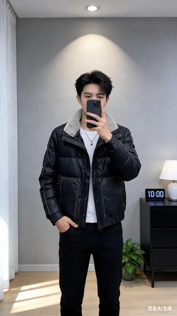 男装对镜自拍 AI 男装提示词 41 Qwen Image prompt example variation 2: 男装对镜自拍场景的 AI 男装图片提示词，适合男装店、小红书图文、电商主图和男士穿搭内容生成 9:16 竖版氛围图。