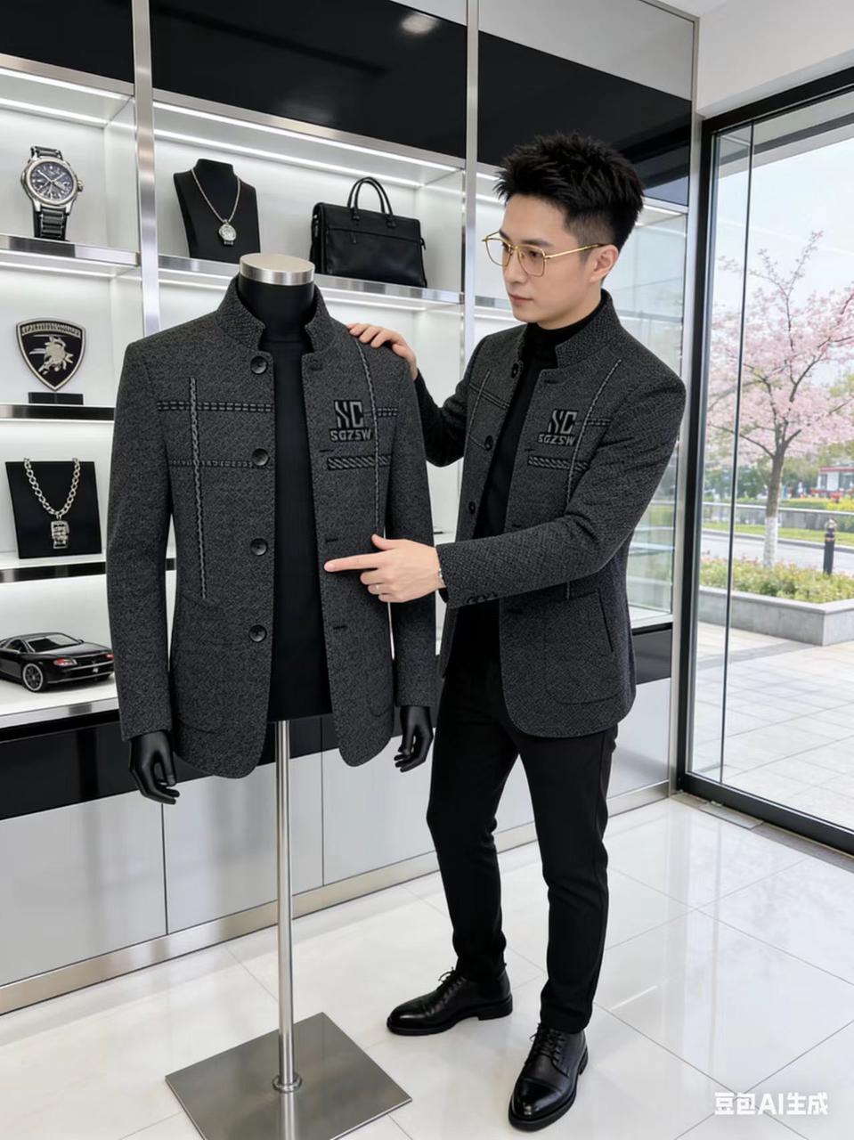 商务通勤男装 AI 男装提示词 48 Qwen Image prompt example variation 2: 商务通勤男装场景的 AI 男装图片提示词，适合男装店、小红书图文、电商主图和男士穿搭内容生成 9:16 竖版氛围图。