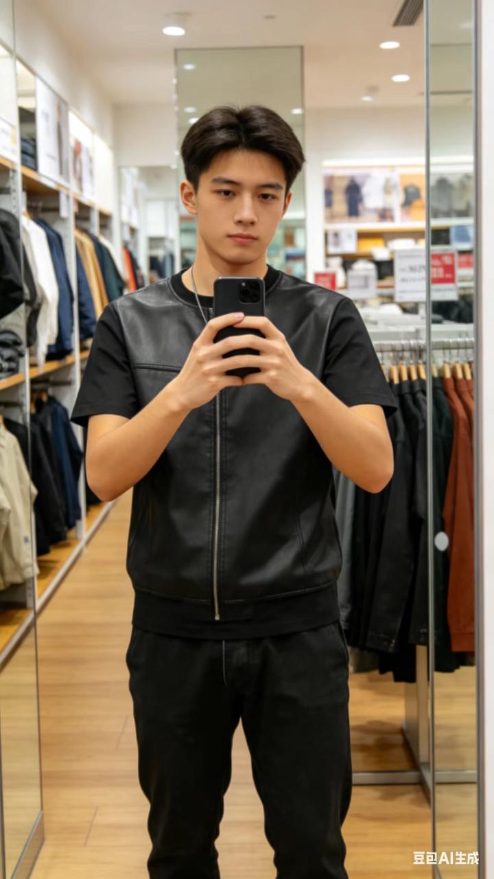 男装对镜自拍 AI 男装提示词 42 Qwen Image prompt example variation 2: 男装对镜自拍场景的 AI 男装图片提示词,适合男装店、小红书图文、电商主图和男士穿搭内容生成 9:16 竖版氛围图。