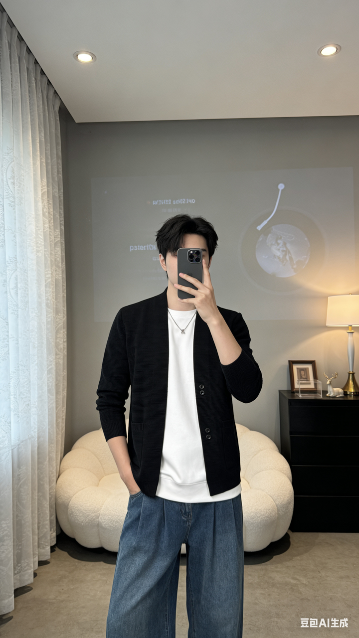 男装对镜自拍 AI 男装提示词 46 Qwen Image prompt example variation 2: 男装对镜自拍场景的 AI 男装图片提示词，适合男装店、小红书图文、电商主图和男士穿搭内容生成 9:16 竖版氛围图。
