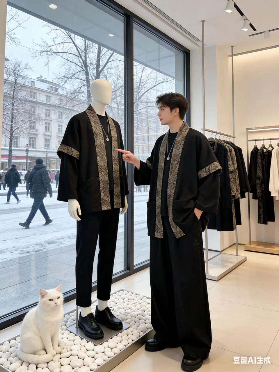 男装静物展示 AI 男装提示词 9 Qwen Image prompt example variation 2: 男装静物展示场景的 AI 男装图片提示词,适合男装店、小红书图文、电商主图和男士穿搭内容生成 9:16 竖版氛围图。