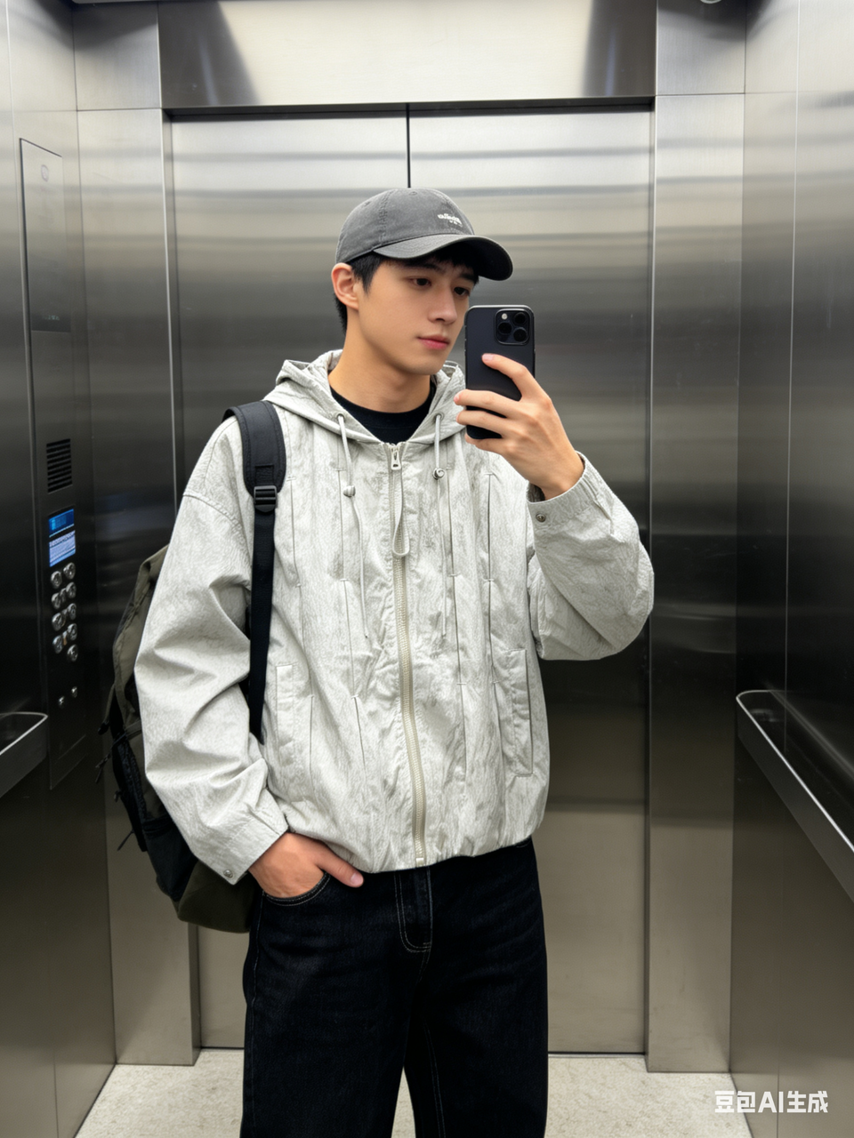 男装对镜自拍 AI 男装提示词 50 Qwen Image prompt example variation 2: 男装对镜自拍场景的 AI 男装图片提示词，适合男装店、小红书图文、电商主图和男士穿搭内容生成 9:16 竖版氛围图。