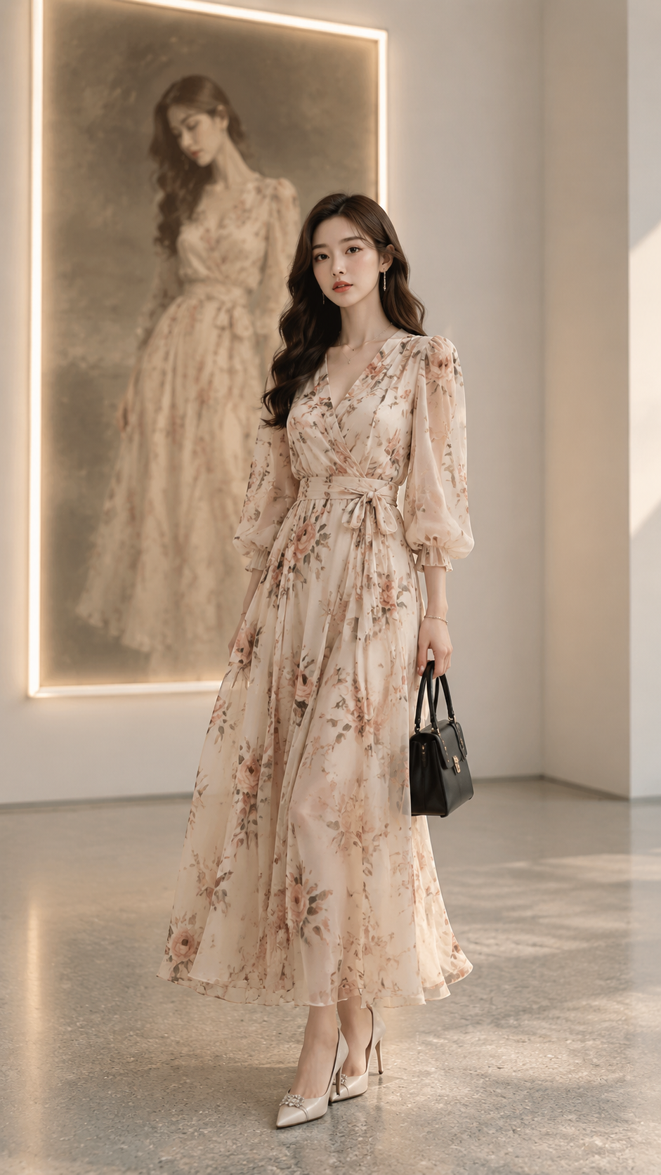 展厅写真 AI 女装提示词 Qwen Image prompt example: 展厅写真场景的 AI 女装图片提示词,适合女装店、小红书图文、电商主图和穿搭博主生成 9:16 竖版氛围图。
