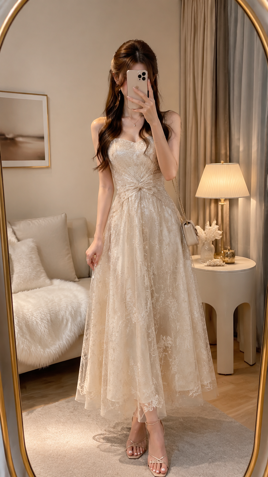 镜前自拍 AI 女装提示词 Qwen Image prompt example: 镜前自拍场景的 AI 女装图片提示词,适合女装店、小红书图文、电商主图和穿搭博主生成 9:16 竖版氛围图。