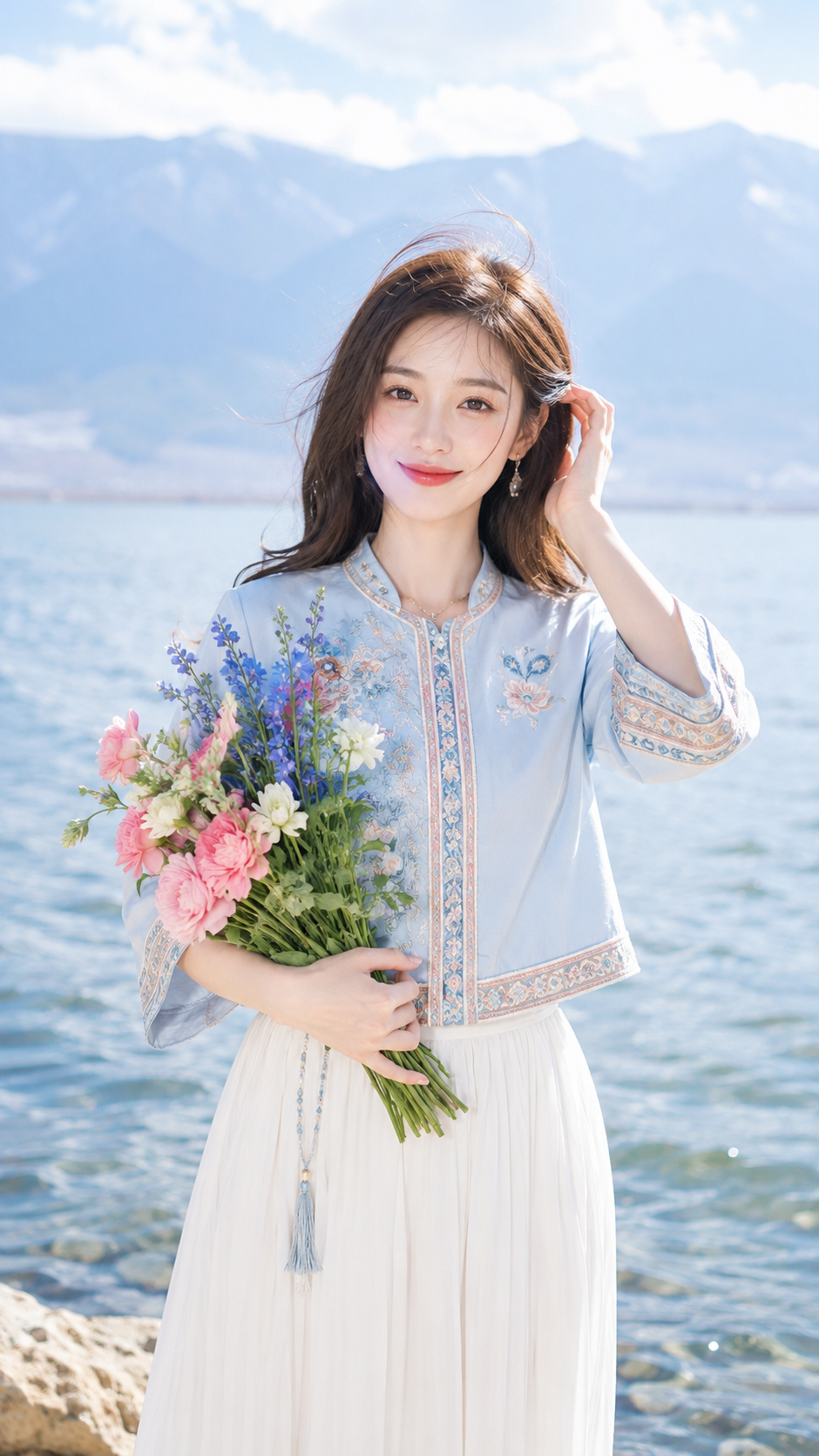 洱海边的少女写真 AI 女装提示词 Qwen Image prompt example: 洱海边的少女写真场景的 AI 女装图片提示词,适合女装店、小红书图文、电商主图和穿搭博主生成 9:16 竖版氛围图。