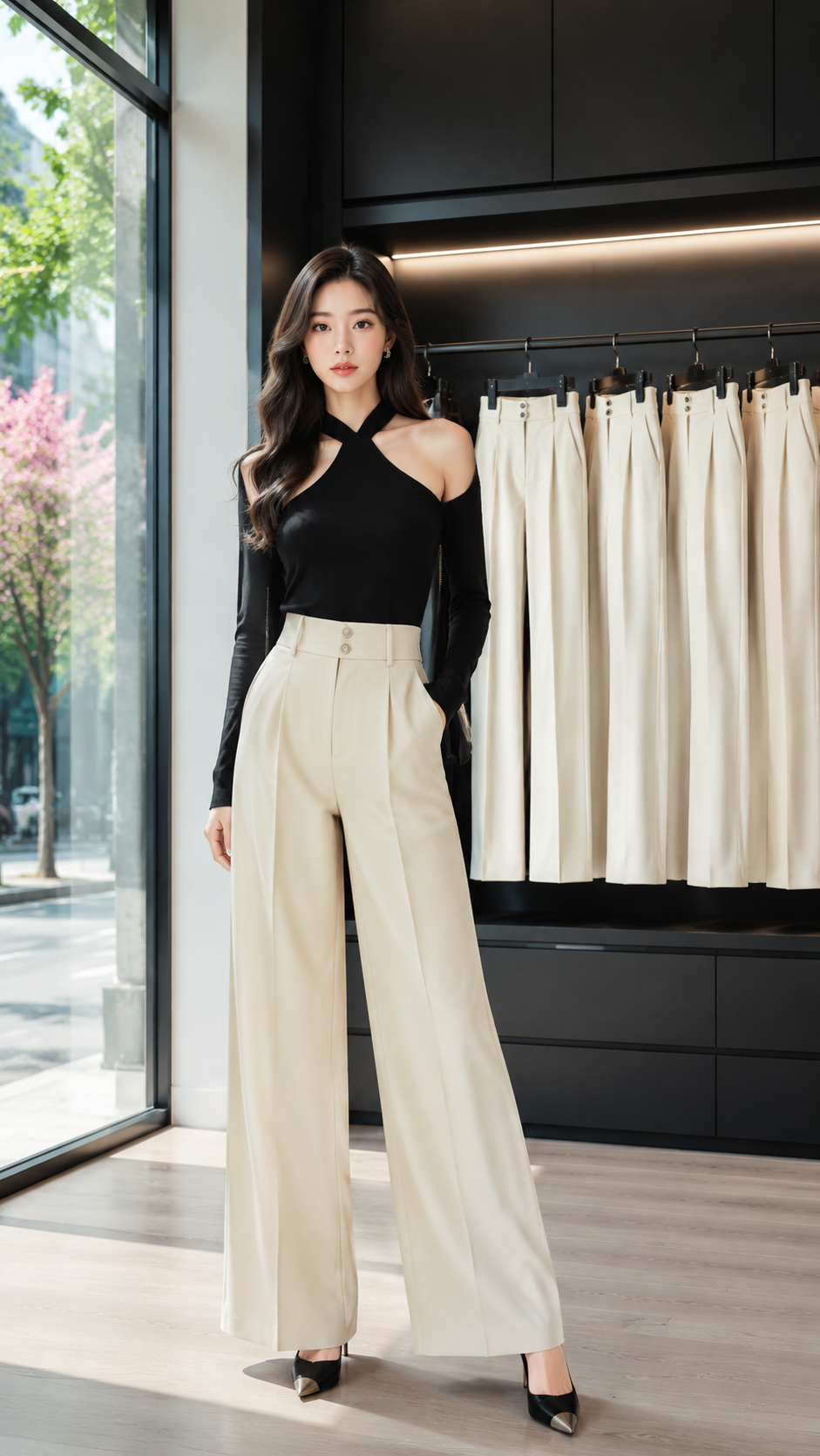 服装店内穿搭展示 AI 女装提示词 Qwen Image prompt example: 服装店内穿搭展示场景的 AI 女装图片提示词,适合女装店、小红书图文、电商主图和穿搭博主生成 9:16 竖版氛围图。