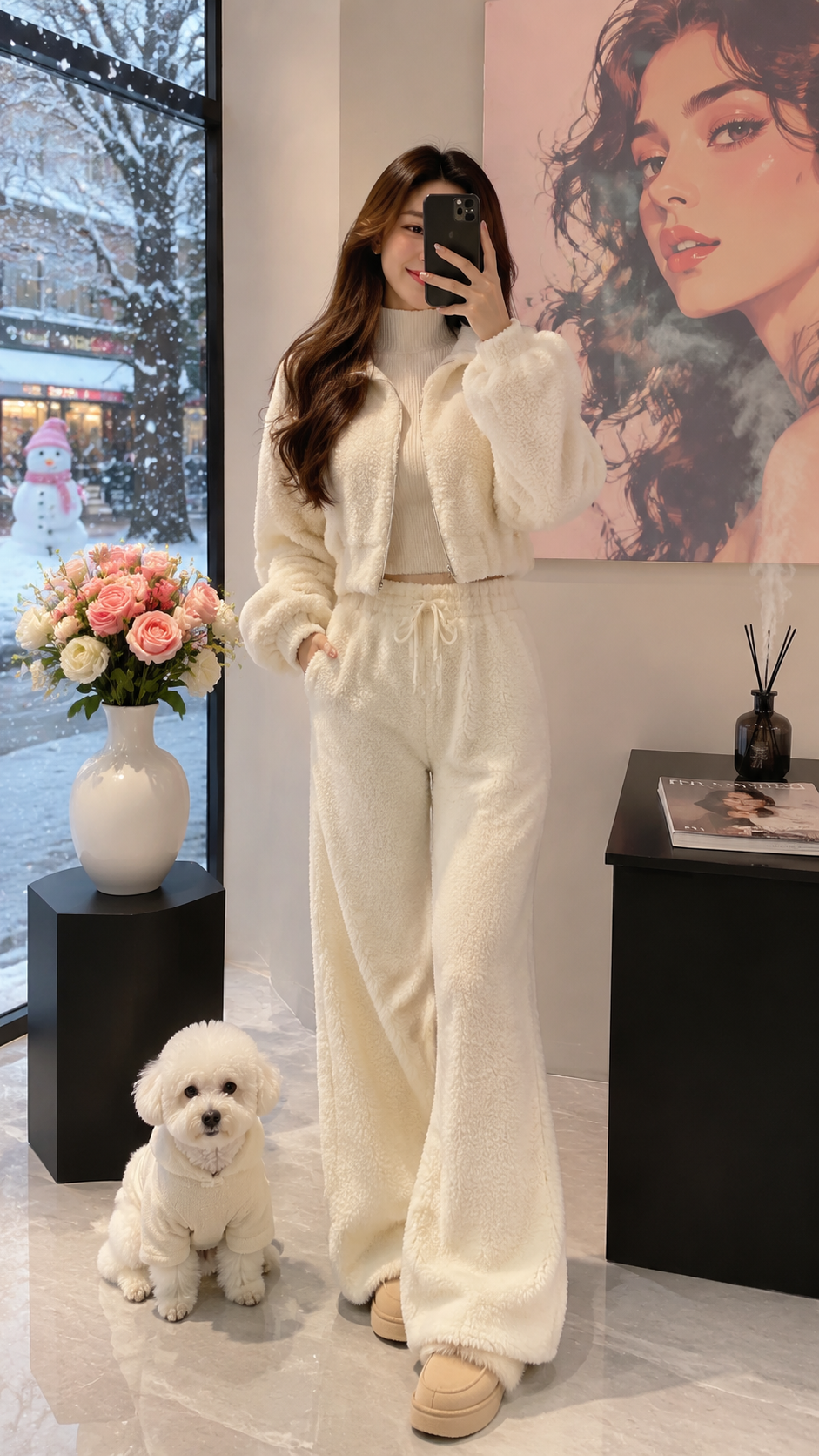 品牌展示空间自拍 AI 女装提示词 Qwen Image prompt example: 品牌展示空间自拍场景的 AI 女装图片提示词,适合女装店、小红书图文、电商主图和穿搭博主生成 9:16 竖版氛围图。