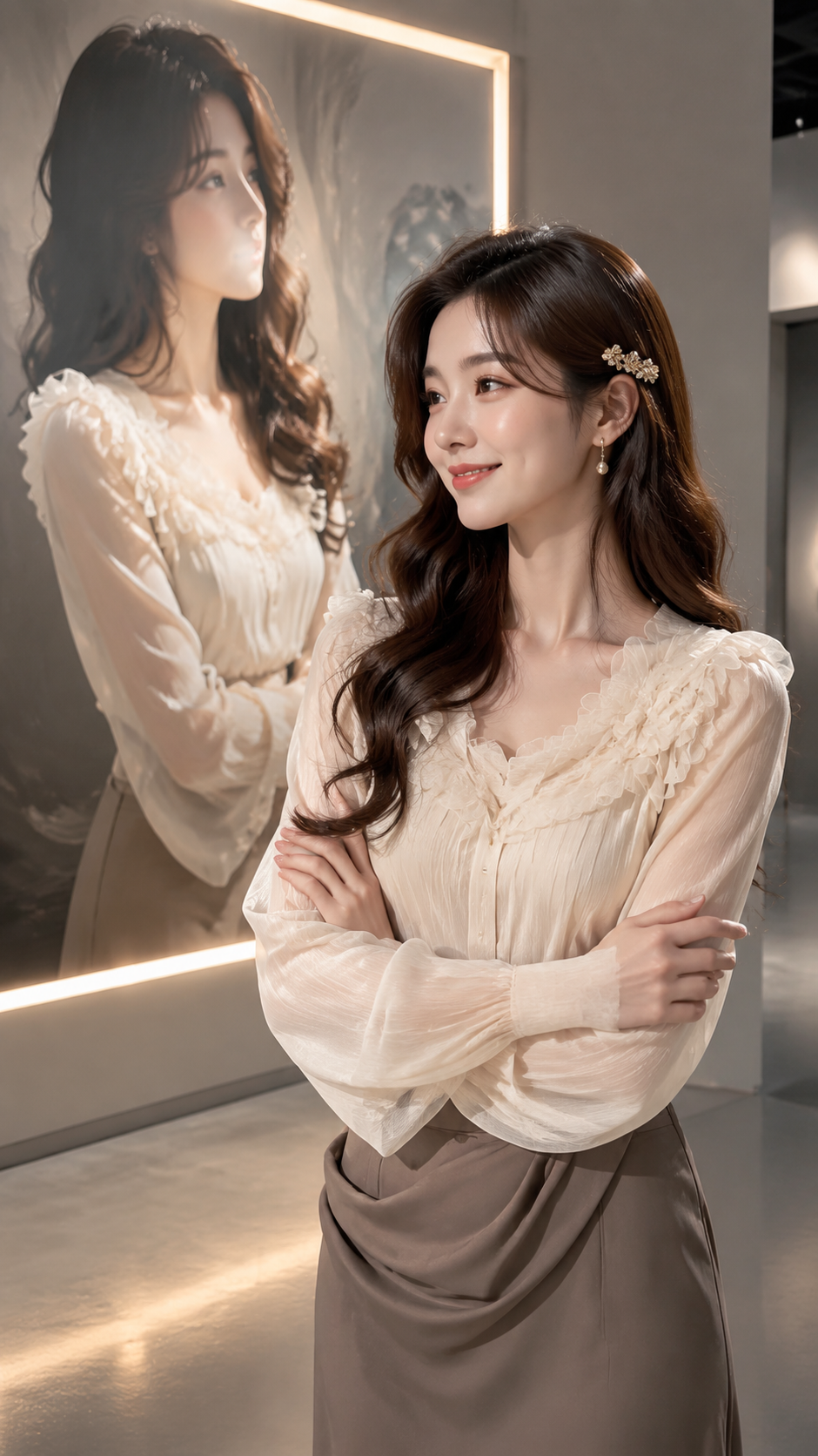 艺术展厅穿搭写真 AI 女装提示词 Qwen Image prompt example: 艺术展厅穿搭写真场景的 AI 女装图片提示词,适合女装店、小红书图文、电商主图和穿搭博主生成 9:16 竖版氛围图。