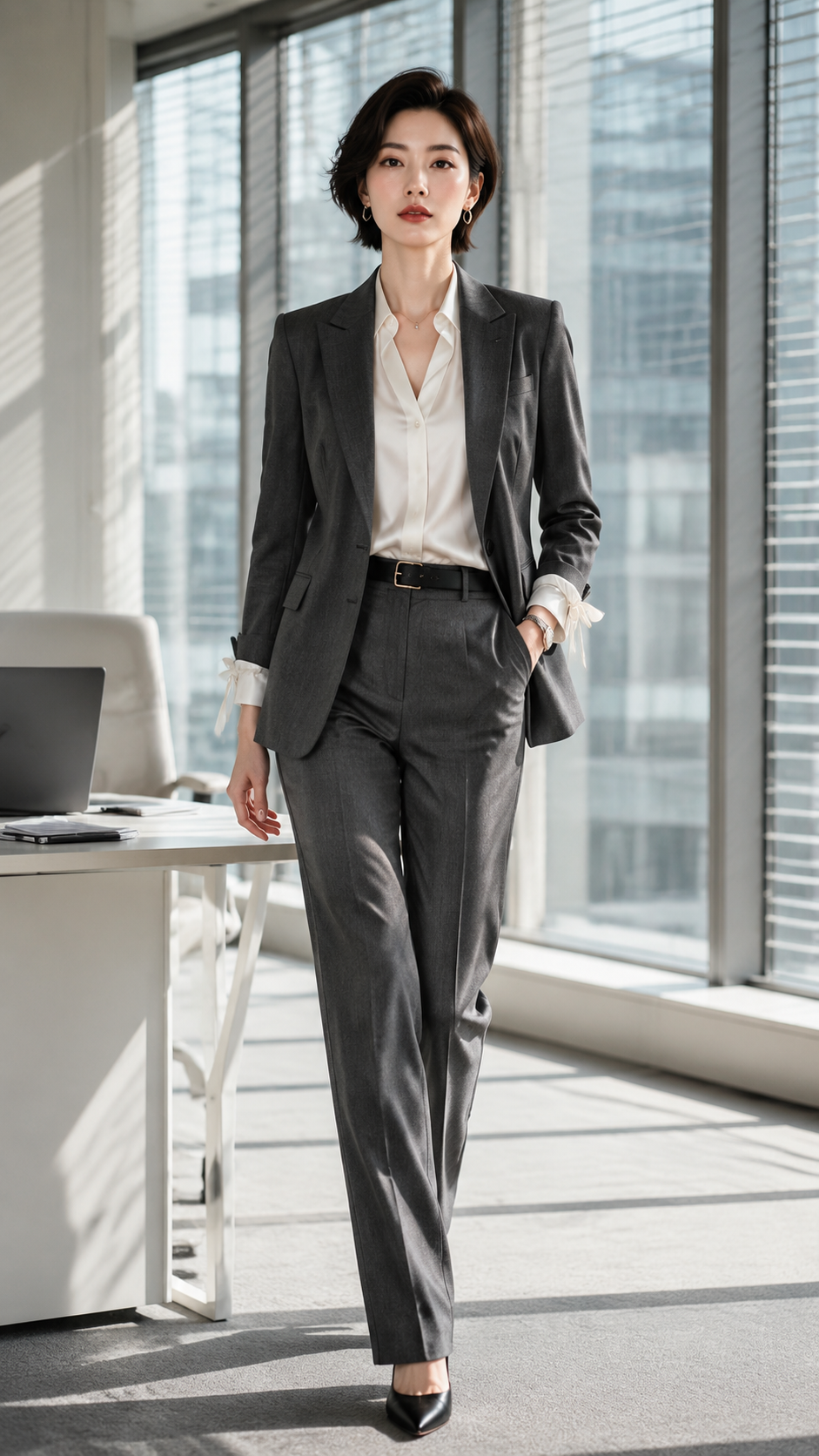 职场干练风穿搭大片 AI 女装提示词 のQwen Imageプロンプト例: 职场干练风穿搭大片场景的 AI 女装图片提示词,适合女装店、小红书图文、电商主图和穿搭博主生成 9:16 竖版氛围图。