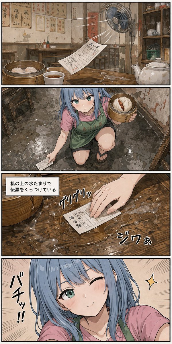 双格香港点心漫画 GPT Image 2 prompt example variation 4: 生成一页幽默的竖版漫画,对比优雅的港式点心想象场景与混乱但充满烟火气的餐厅现实。