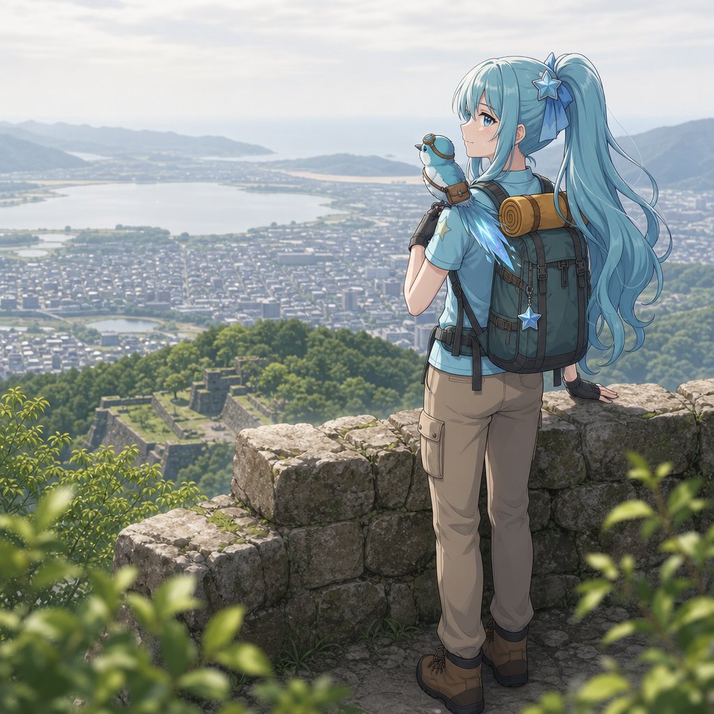 动漫风格徒步者与绝美山景 Qwen Image 프롬프트 예시: 将山景旅行照片转换为干净的动漫风格徒步插画,包含前景角色,且不含任何应用叠加层。