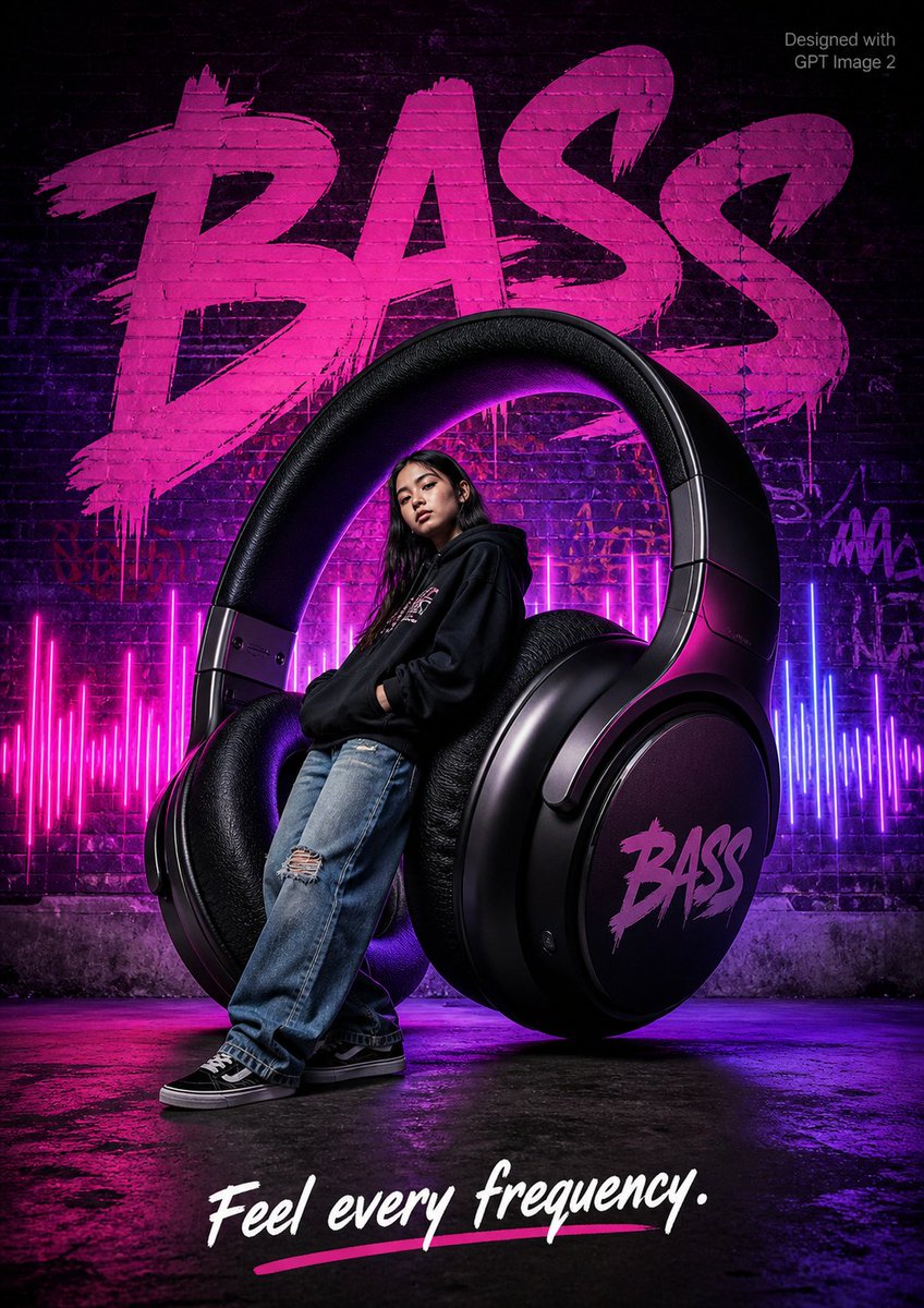 街头风 BASS 耳机海报 的 REVE 2 提示词示例图:一个街头服饰广告提示词,画面包含一名青少年、巨大的耳机、霓虹灯闪烁的城市背景以及涂鸦风格的字体。