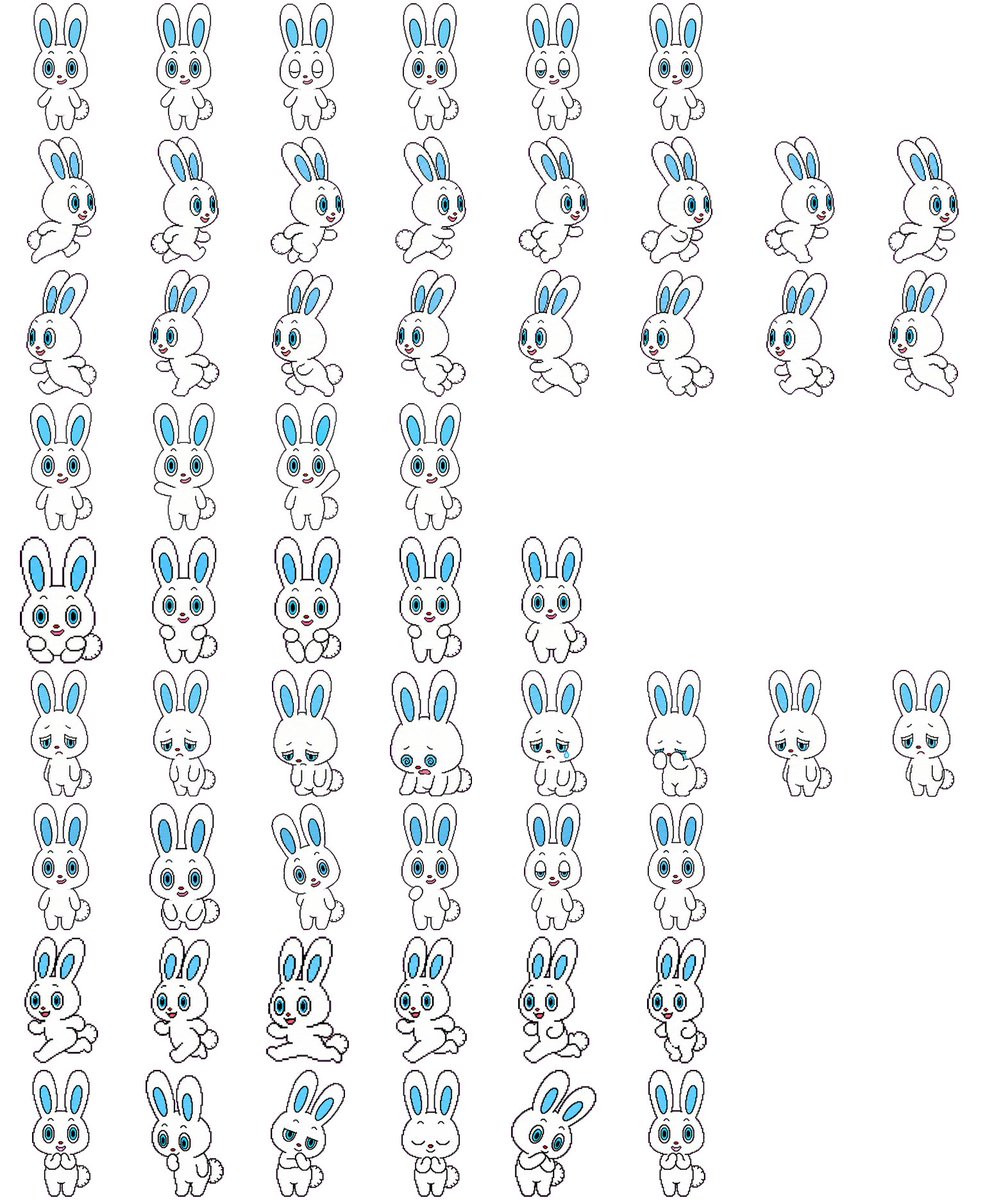 兔子角色精灵图集 Qwen Image prompt example: 将兔子角色参考图转换为多姿态的 2D 游戏精灵图集,同时保留原始设计。