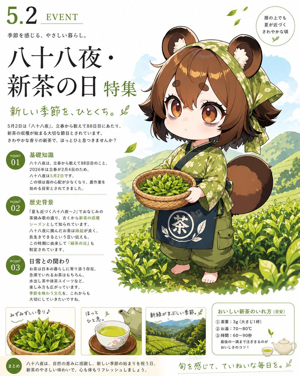 Tanuki 新茶日海报 的 REVE 2 提示词示例图:一款可爱的日式季节性编辑海报,特色是 Q 版狸猫采茶工、信息丰富的文本块以及茶主题面板,非常适合活动视觉设计或社交媒体节日宣传。