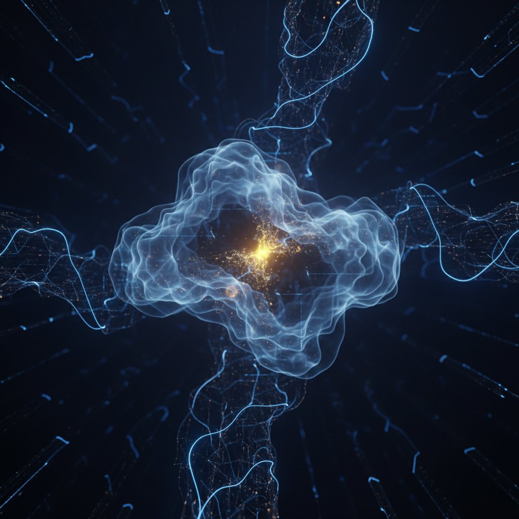 Emergent AGI Neural Core のQwen Imageプロンプト例: Generates a cinematic abstract visualization of a glowing neural intelligence forming in a dark futuristic data network.