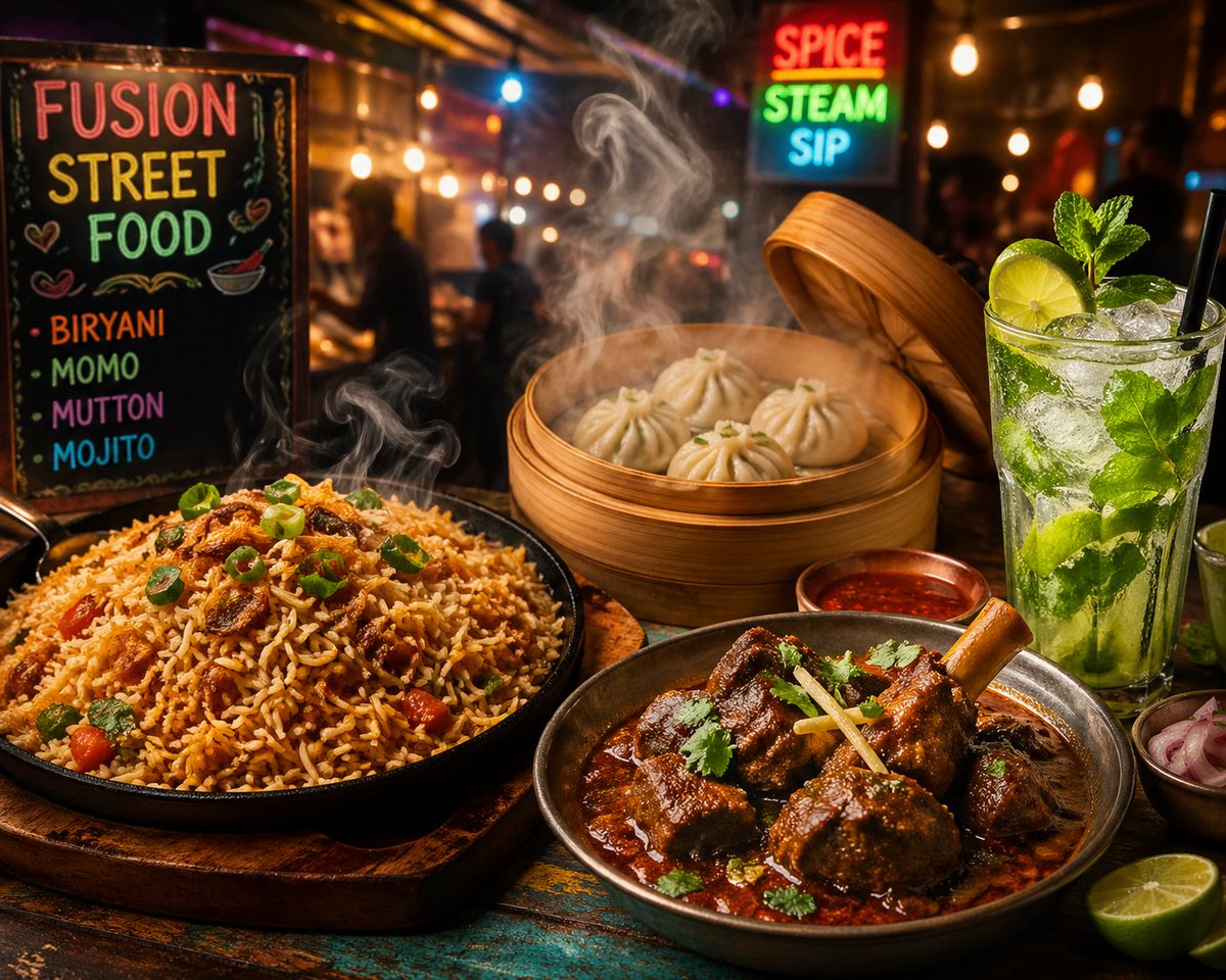 Vibrant Fusion Street Food Scene のQwen Imageプロンプト例: A detailed prompt for creating a lush, photorealistic night market scene featuring fusion street foods like biryani, momos,...