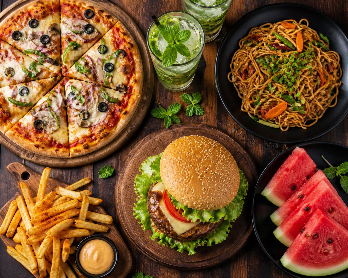 Vibrant Fusion Street Food Scene のQwen Imageプロンプト例 バリエーション 2: A detailed prompt for creating a lush, photorealistic night market scene featuring fusion street foods like biryani,...