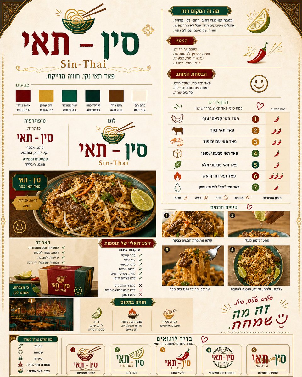 Thai Restaurant Brand Identity Document のQwen Imageプロンプト例: A comprehensive prompt for creating a sophisticated branding document for a Thai restaurant, covering logo design,...