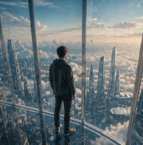Futuristic Glass Skyscraper City Qwen Image 프롬프트 예시: A prompt for generating a hyper-realistic cinematic scene of a modern glass skyscraper city floating above the clouds,...