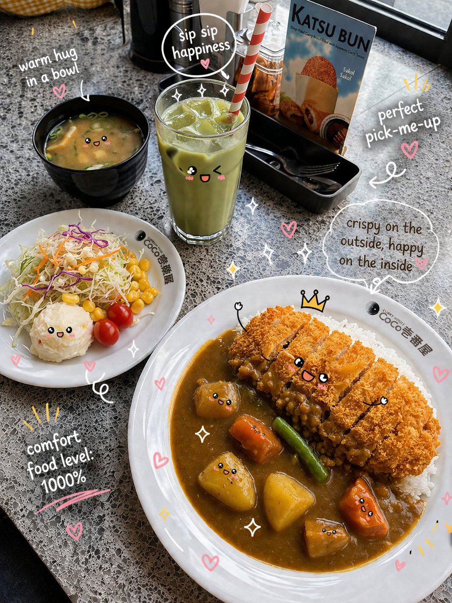 Kawaii Katsu Curry Food Photography Qwen Image prompt example: A structured JSON-style prompt for generating a playful yet realistic photo of Japanese katsu curry with kawaii...