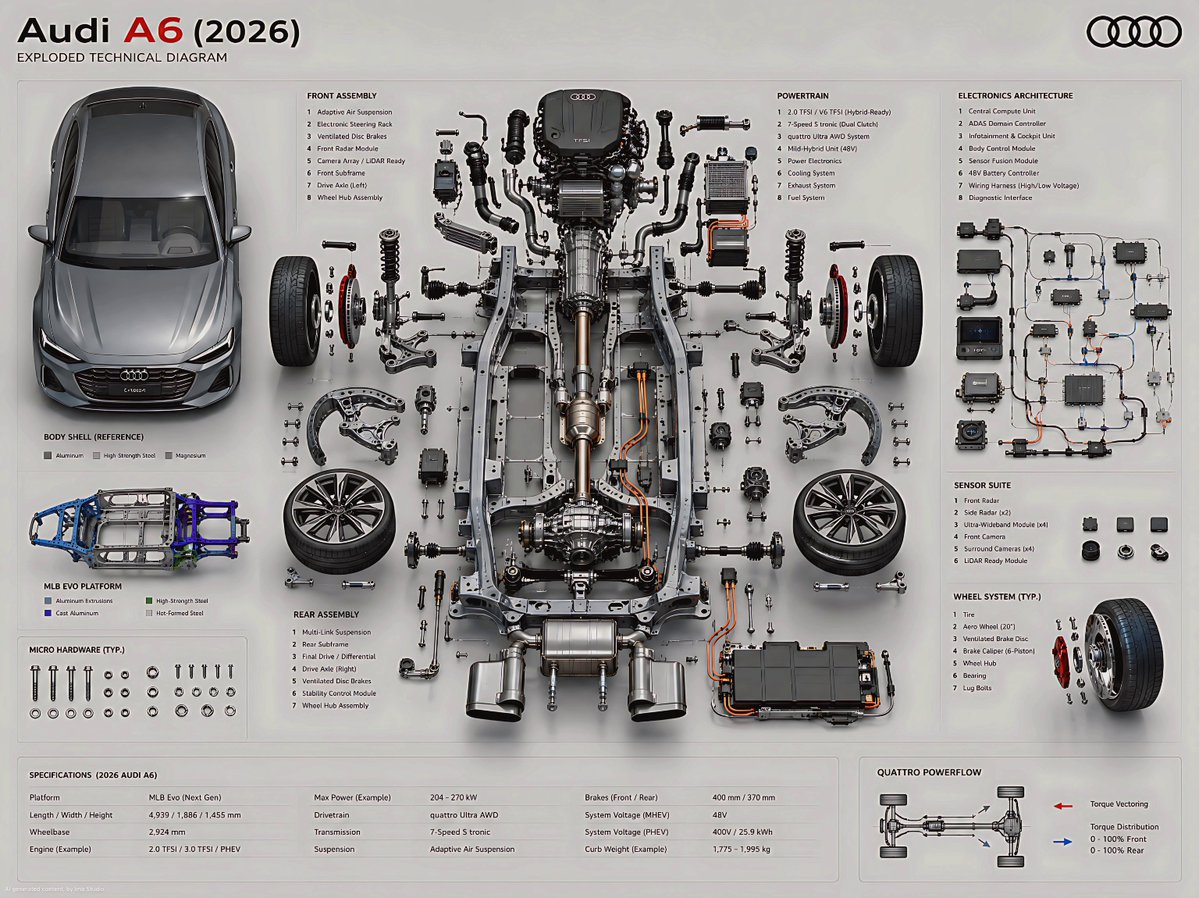 Exploded Technical Diagram Poster のQwen Imageプロンプト例: A highly detailed engineering prompt for creating a premium exploded technical diagram of a modern vehicle chassis and...