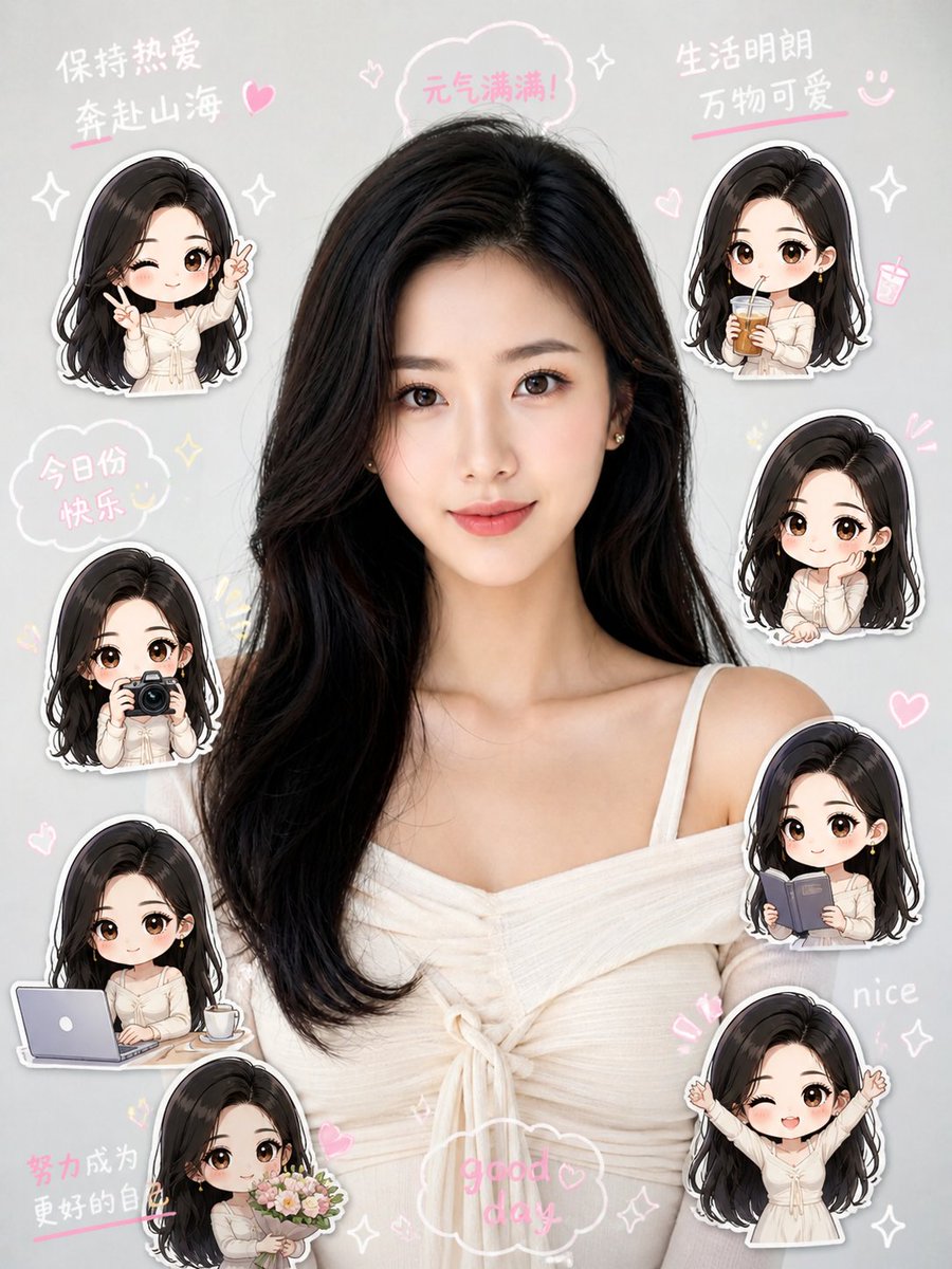 Chibi Mini-Me Scrapbook Portrait Qwen Image 프롬프트 예시 변형 2: Generates a playful vertical social media portrait collage with one realistic central person and eight cute chibi...