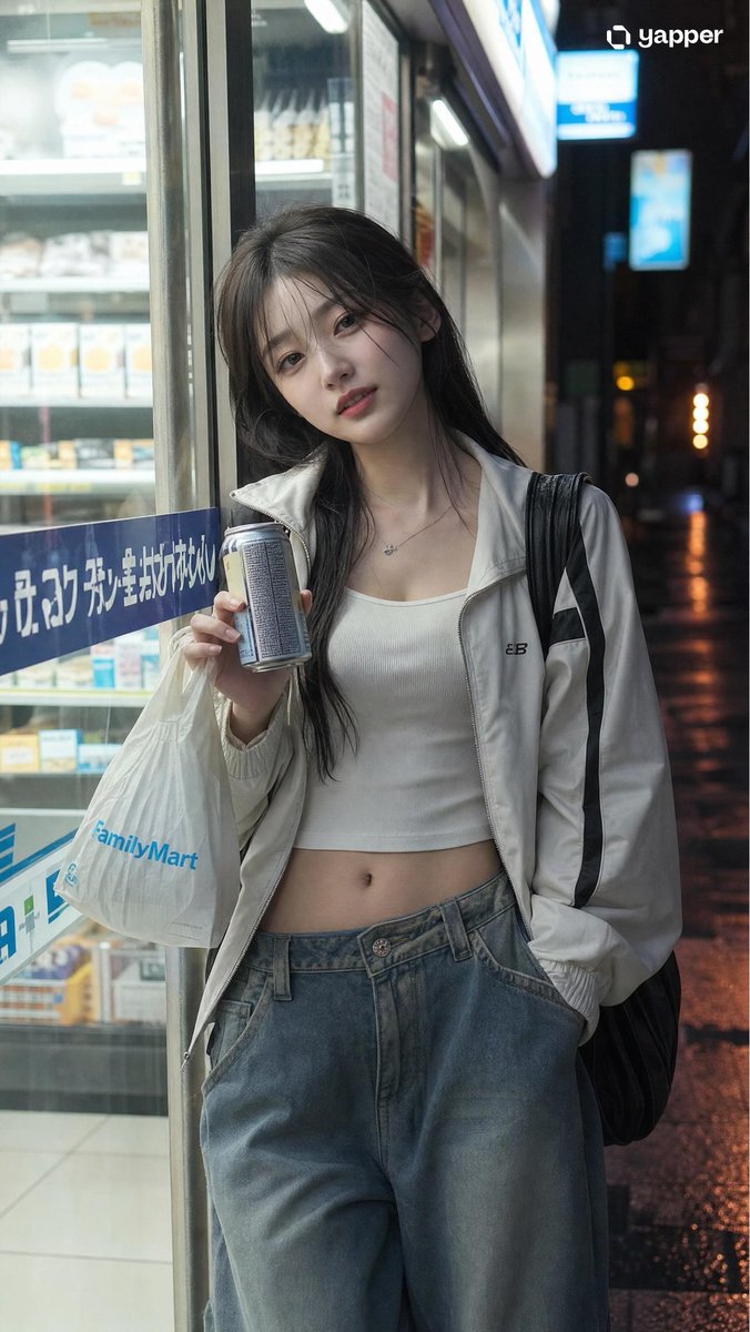 Japanese Girl Urban Night Portrait Qwen Image 프롬프트 예시: A detailed prompt for a 'sweet-cool' Japanese girl standing at a convenience store entrance at night with realistic DSLR...