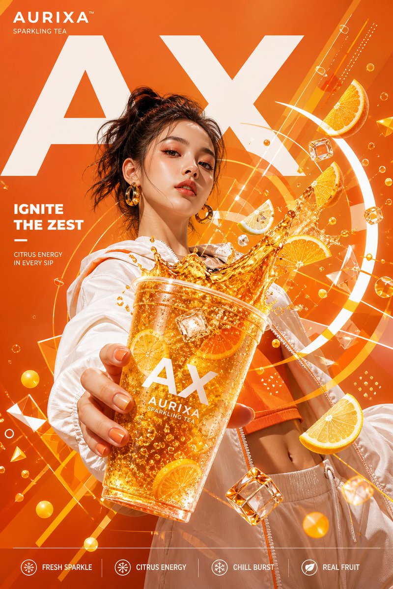 Modern Beverage Commercial Poster Qwen Image 프롬프트 예시: A comprehensive professional prompt for a high-end commercial beverage poster featuring dynamic geometric elements and a...