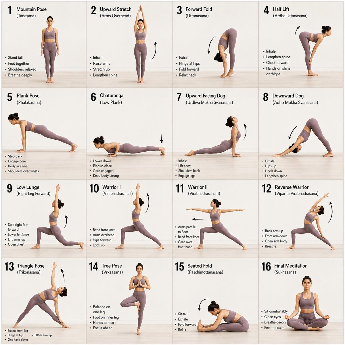 16-Panel Yoga Instructional Storyboard Qwen Image 프롬프트 예시: A clean, minimalist 16-panel grid layout for a yoga instructional guide, showing a progression of poses with a...