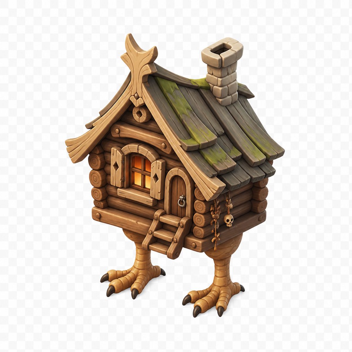 Stylized Baba Yaga Hut Qwen Image 프롬프트 예시: Generates a polished isometric 3D fantasy game asset of a wooden Baba Yaga hut standing on chicken legs.