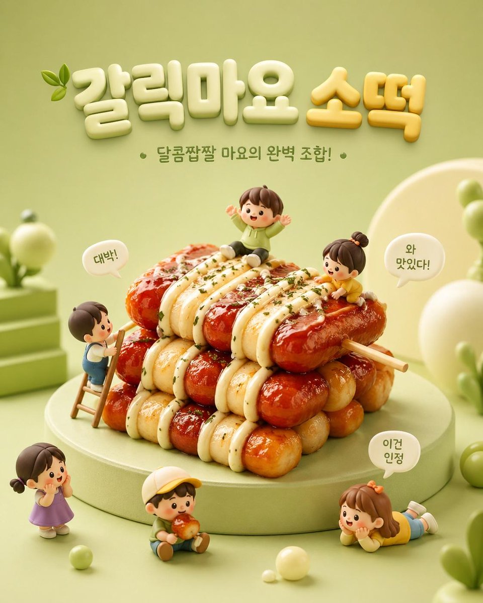 3D Q 版美食广告场景 のQwen Imageプロンプト例 バリエーション 2: 一个令人愉悦的提示词，用于创作 3D 美食广告，包含超大号零食和皮克斯风格的可爱 Q 版角色，非常适合高端商业海报。